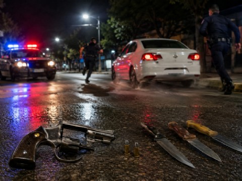 Escapaban a toda velocidad y terminaron detenidos con un revólver, municiones y cuchillos
