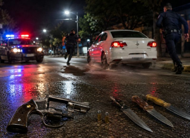 Escapaban a toda velocidad y terminaron detenidos con un revólver, municiones y cuchillos
