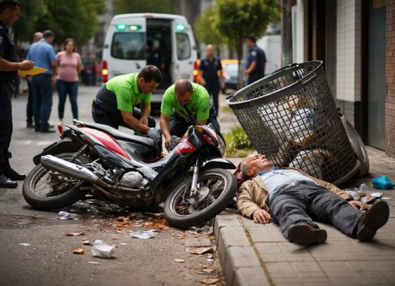 Se descompensó, perdió el control y terminó arriba de la vereda tras chocar con un cesto