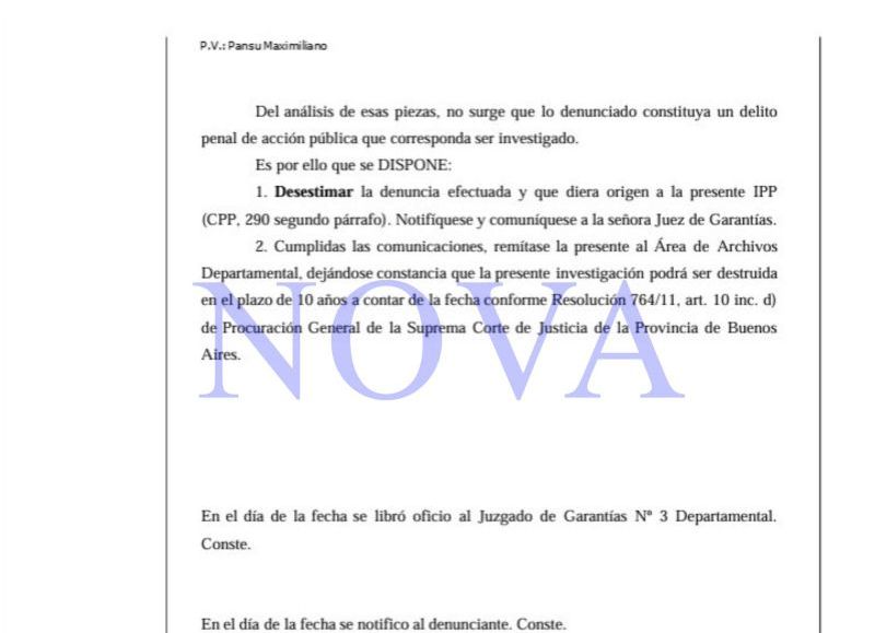 Pansu pidió a NOVA que muestre la desestimación de la denuncia contra Rugora y la resolución confirma que fue notificado
